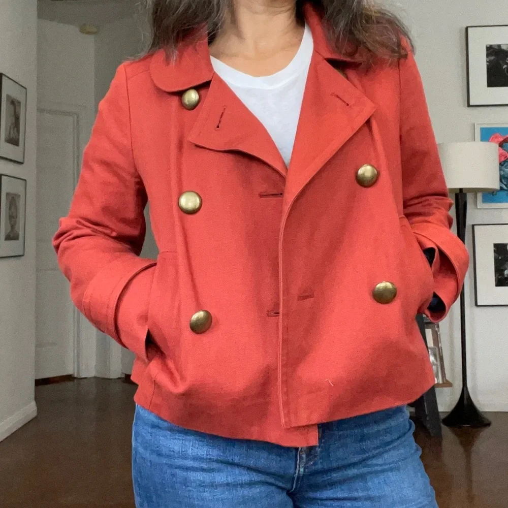 Cropped Denim Orange Peacoat Jacket! - Picture 3 of 13